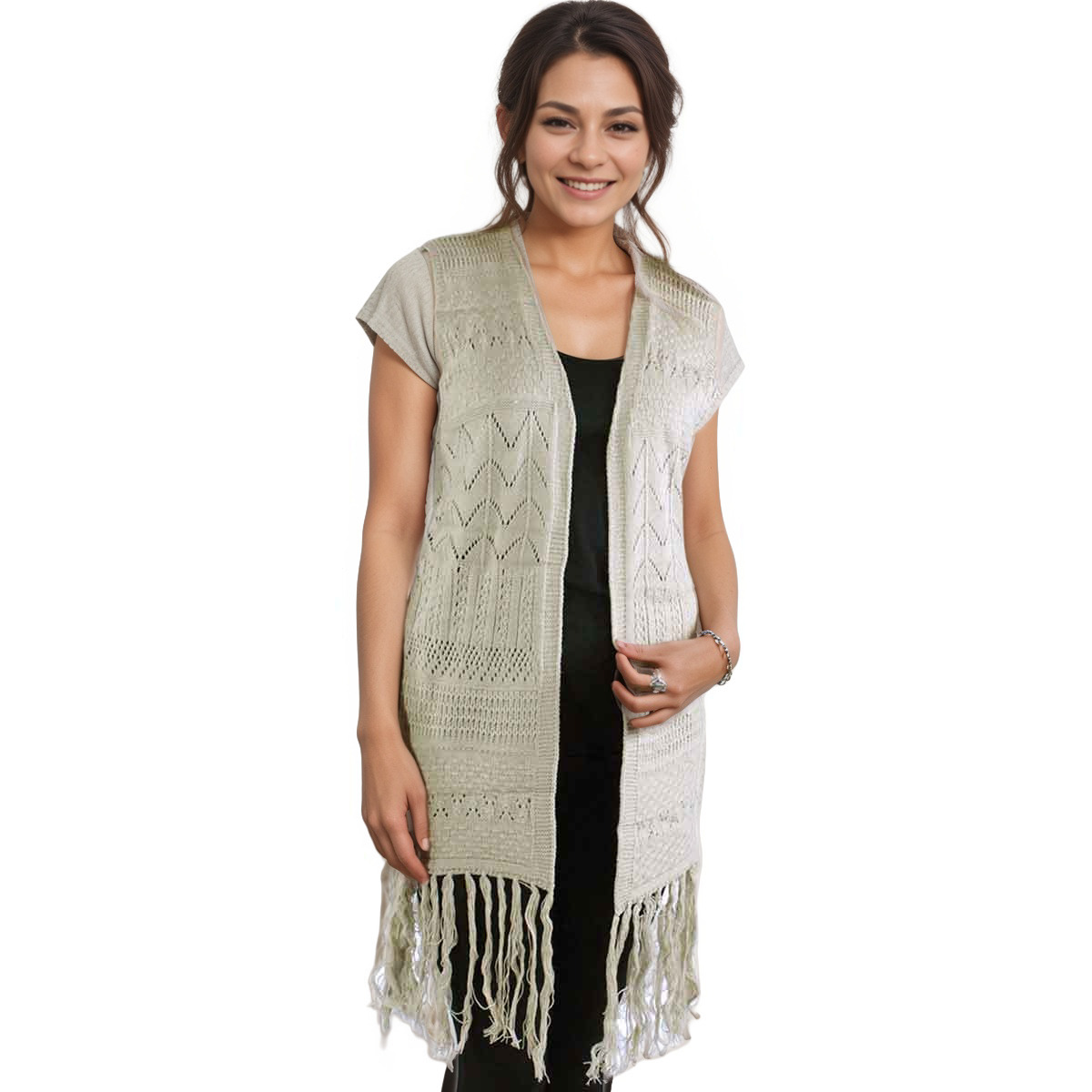 8643 - Mid-Length Knit Tasseled Vests