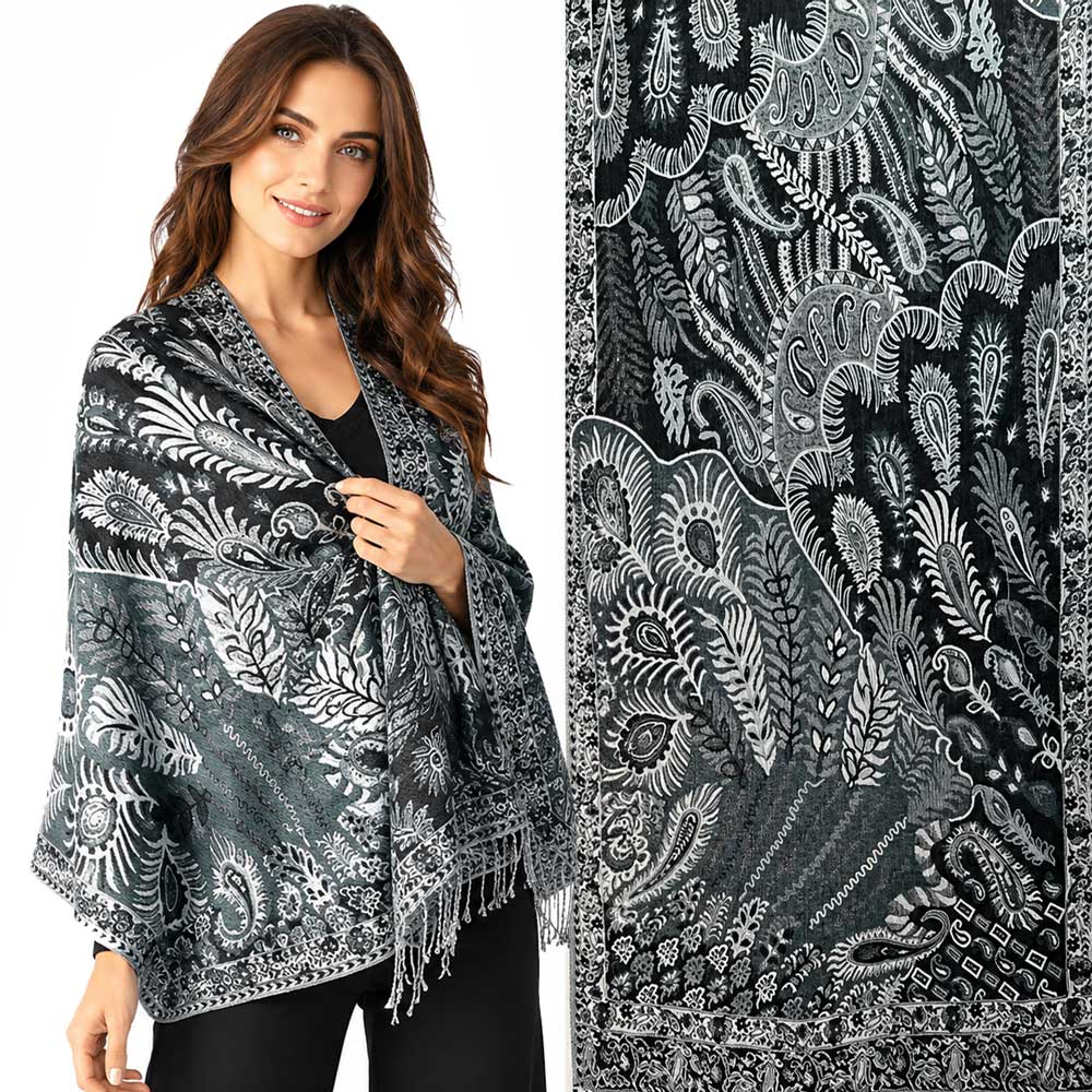 3694 - Feathers Print Woven Shawls