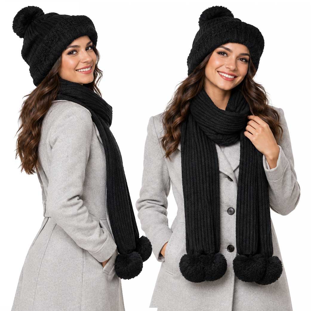 3744 - Hand Made Knitted Scarves with Pom Poms