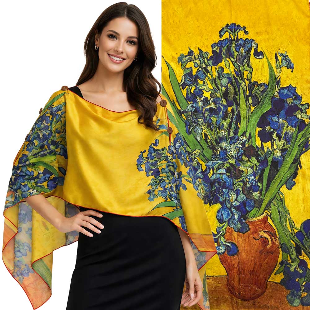 3980 - Six  Button Silk Twill Art Design Ponchos