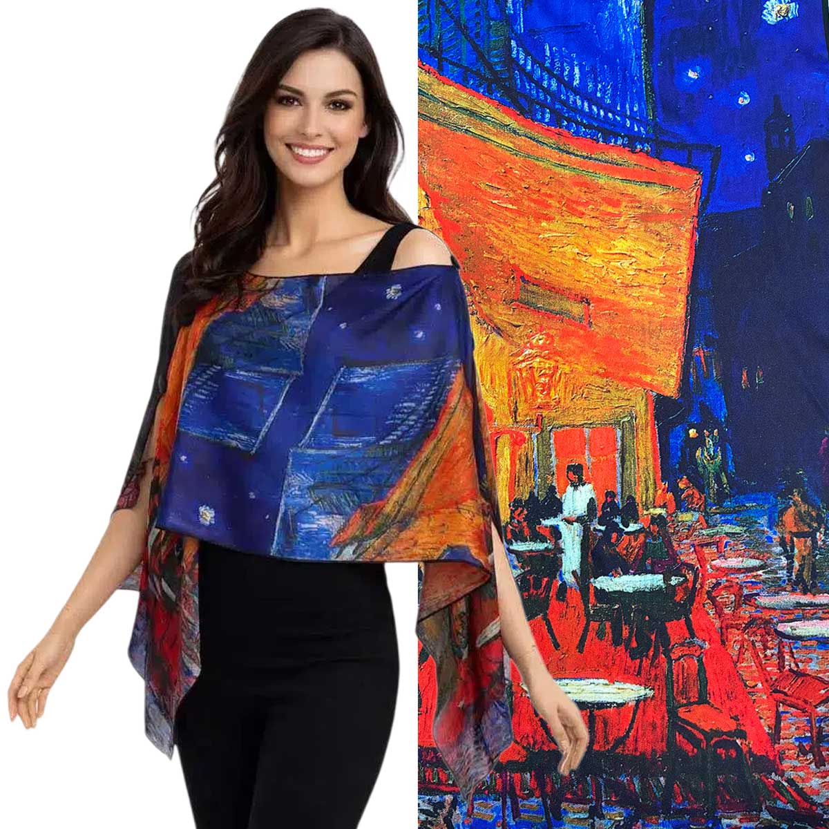 3980 - Six Button Silk Twill Art Design Ponchos