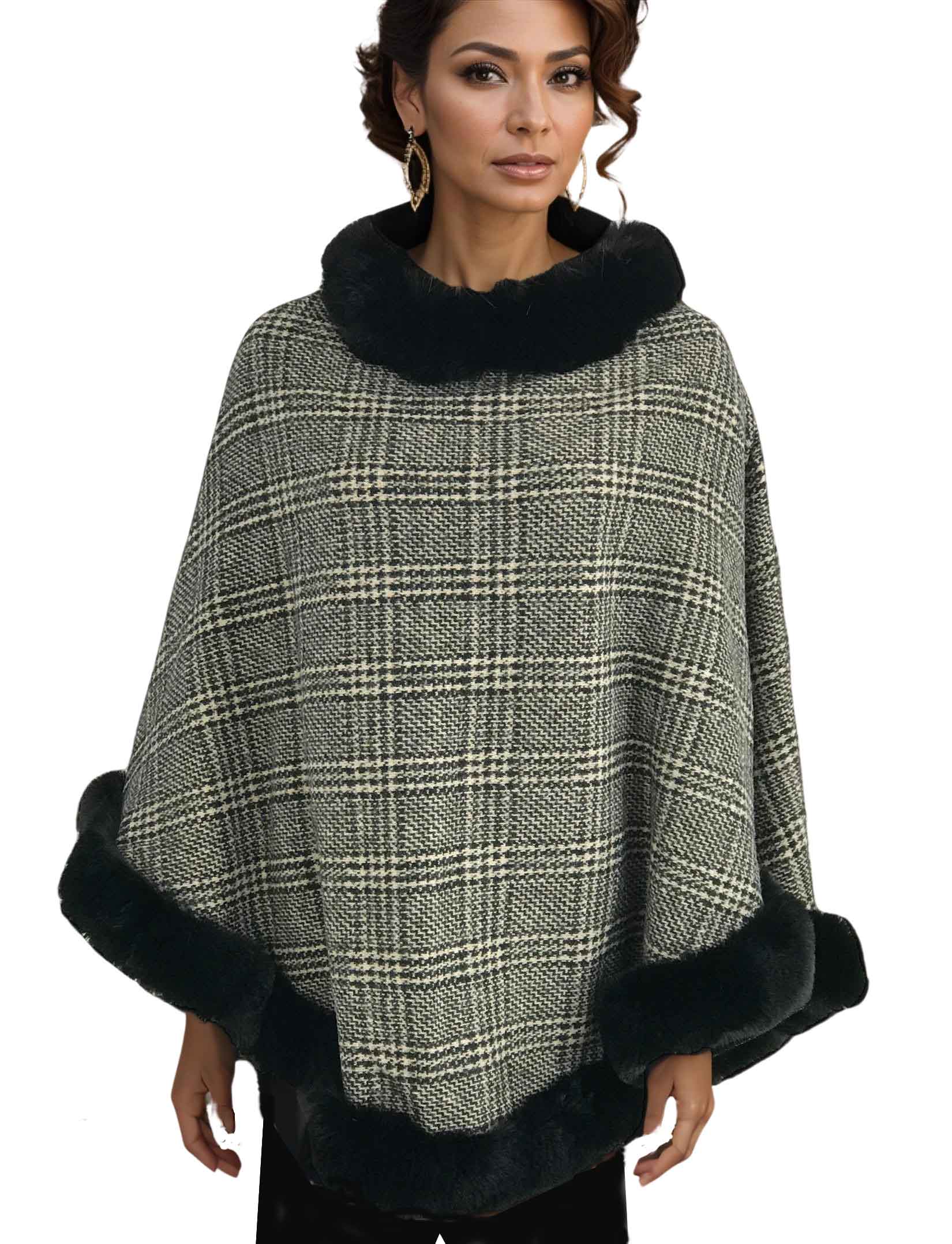 wholesale LC12 - Poncho with Faux Rabbit Fur Trim 