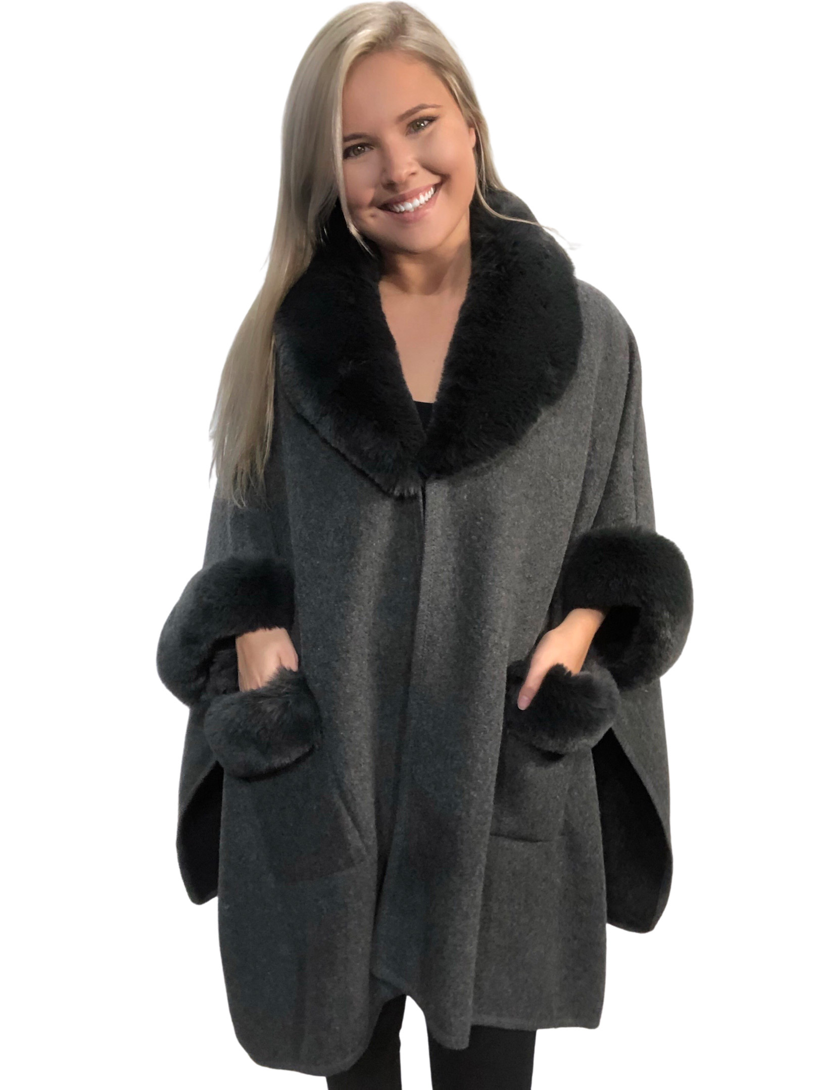 wholesale Cloaks - Faux Rabbit Fur Trim w/ Pockets LC13