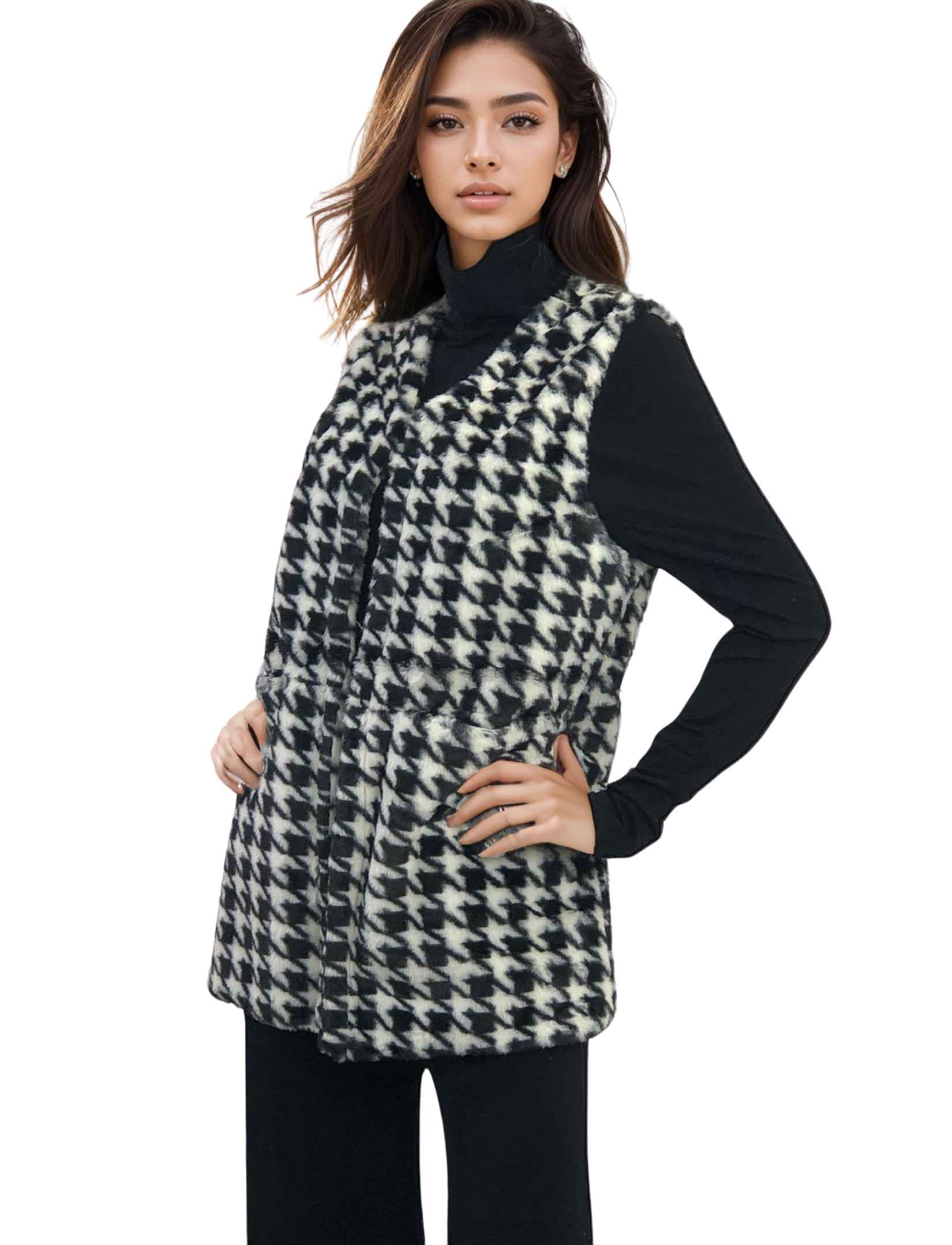 wholesale Houndstooth Print Faux Fur Vest 9503