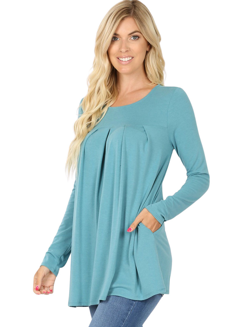 wholesale Tops - Long Sleeve Round Neck Pleated 1658