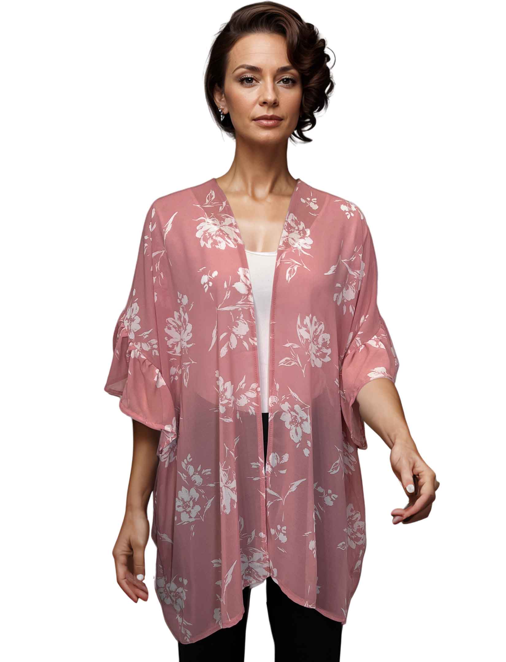 wholesale 10154 - Flower Print Ruffle Kimono