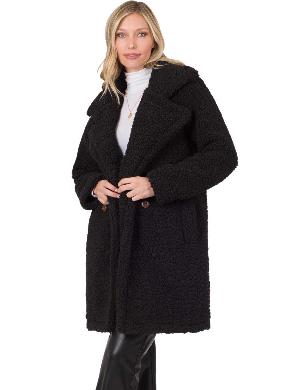 wholesale 7019 - Black<br> Double Breasted Sherpa Coat