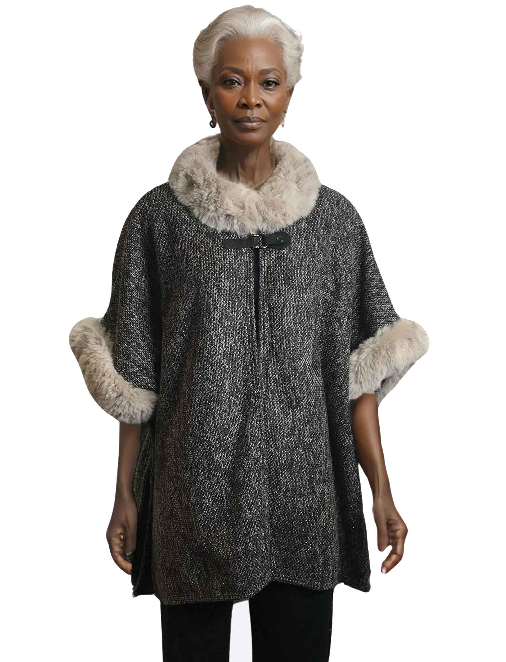 wholesale LC18 - Tweed Fur Trimmed Cape