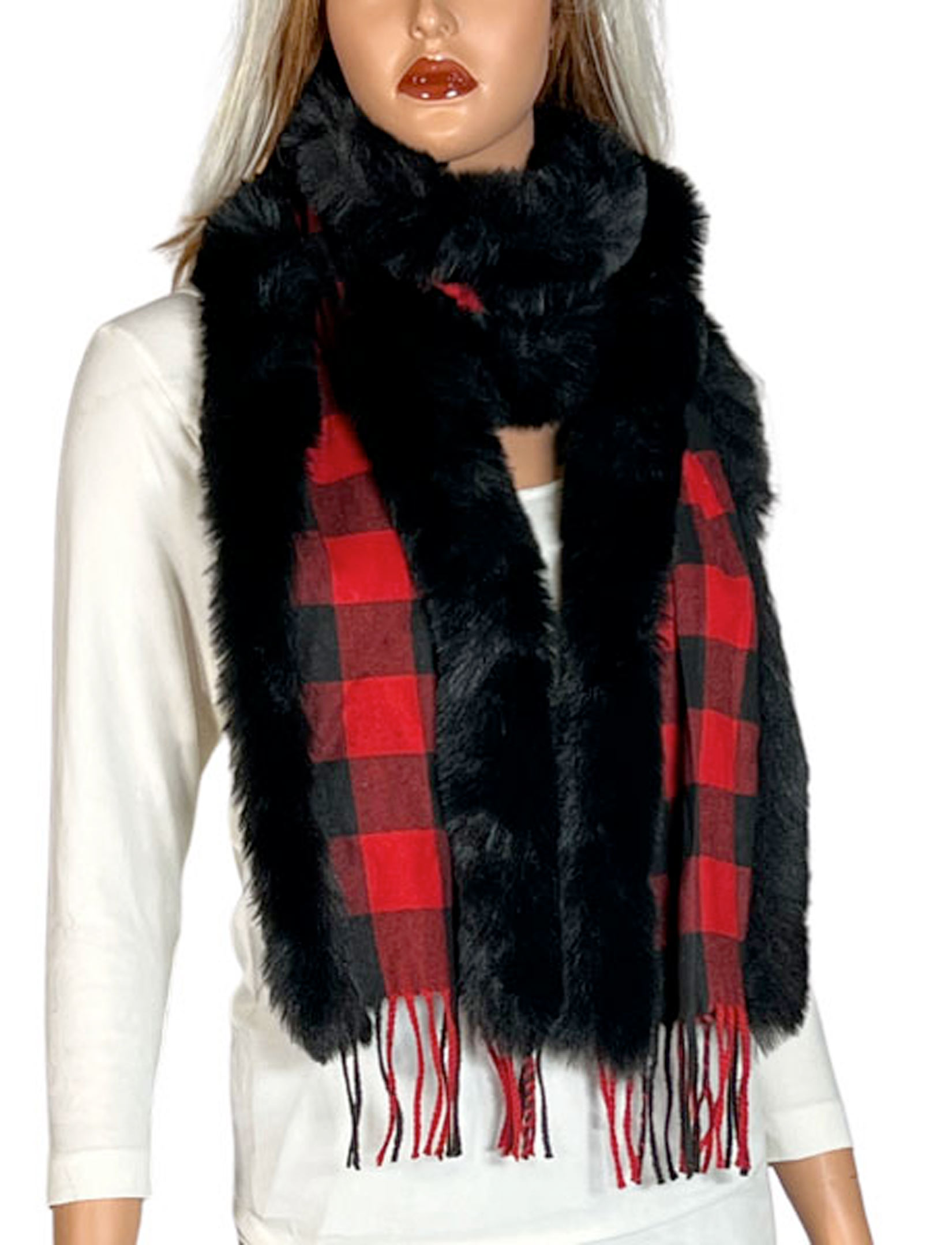 wholesale 3731 - Buffalo Plaid Fur Trimmed Scarves