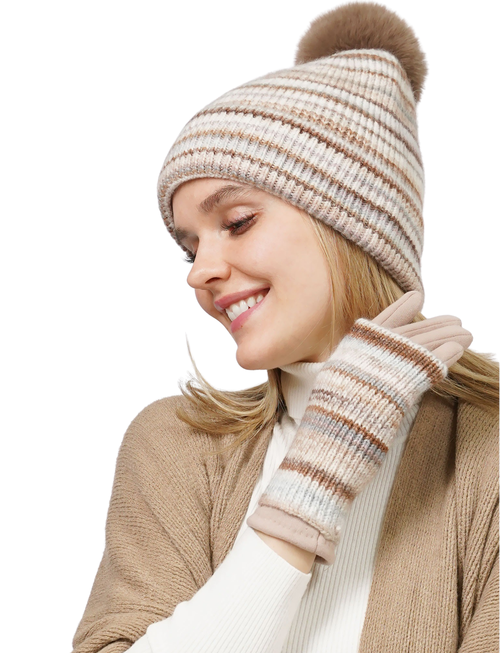 wholesale 3808 - Striped Knit Beanies & Overlay Gloves