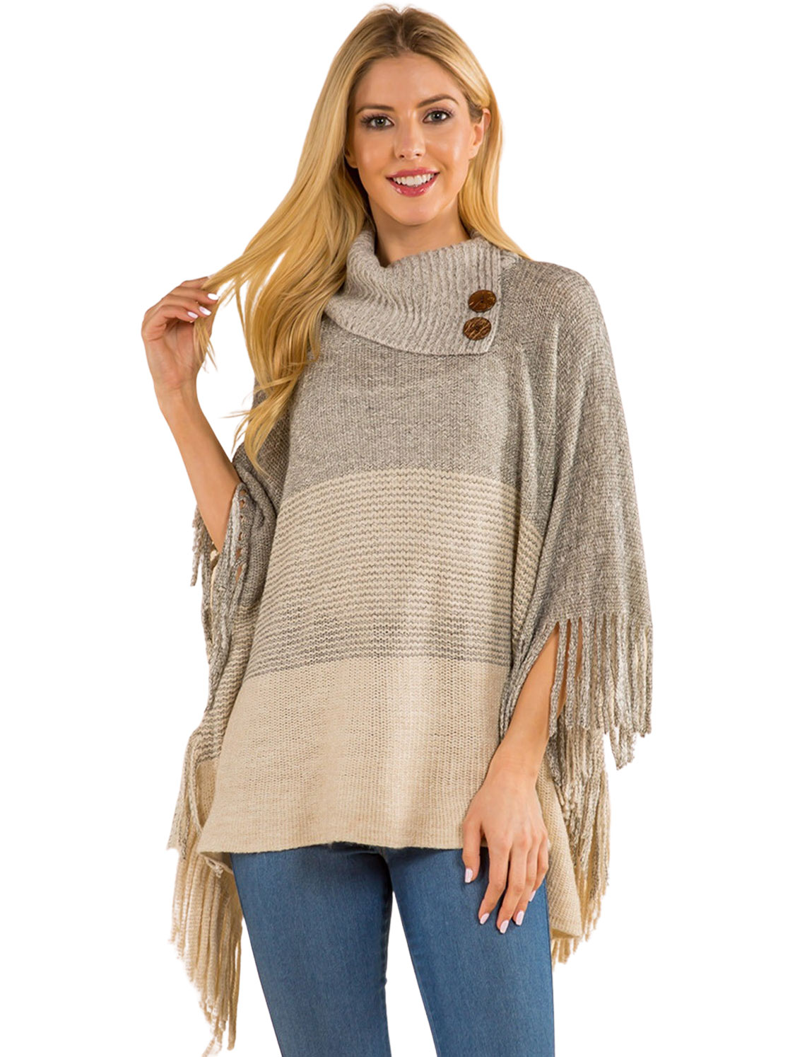 Wholesale4209 - Poncho - Ombre Cowl-neck w/ Wooden Buttons