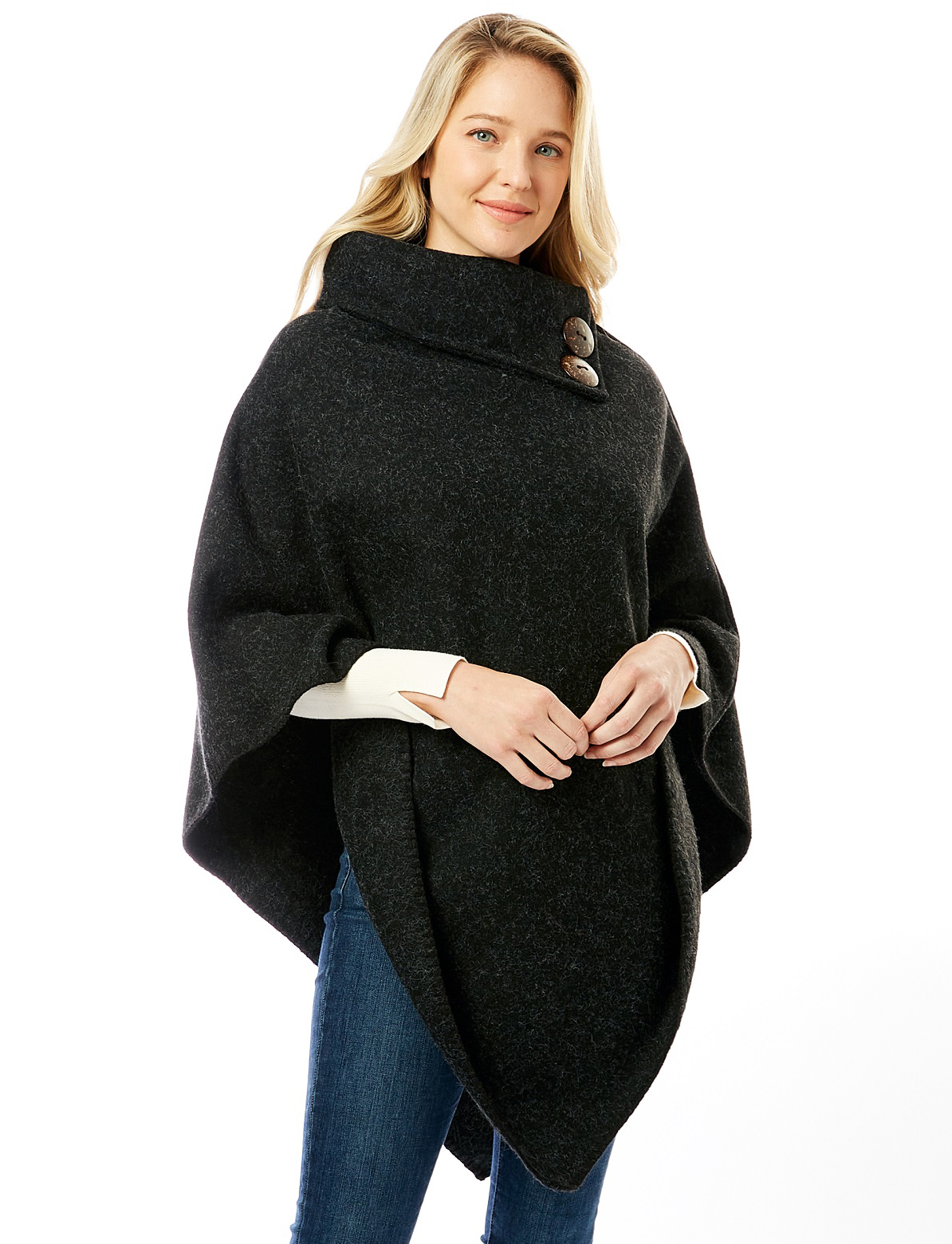 wholesale 1295 - Wool Feel Poncho w/ Button Accents