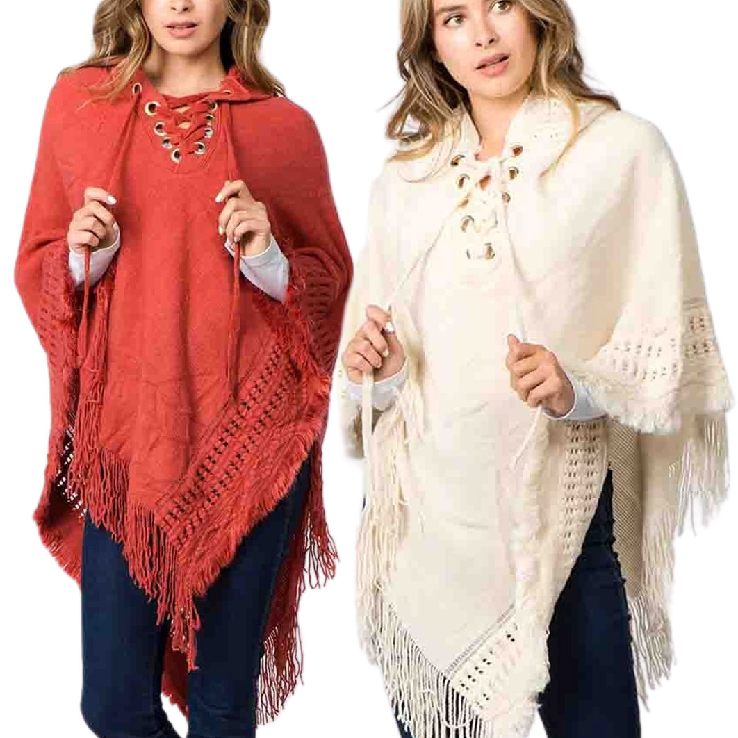 Hooded Poncho - Solid w/ Lace Up 90B7