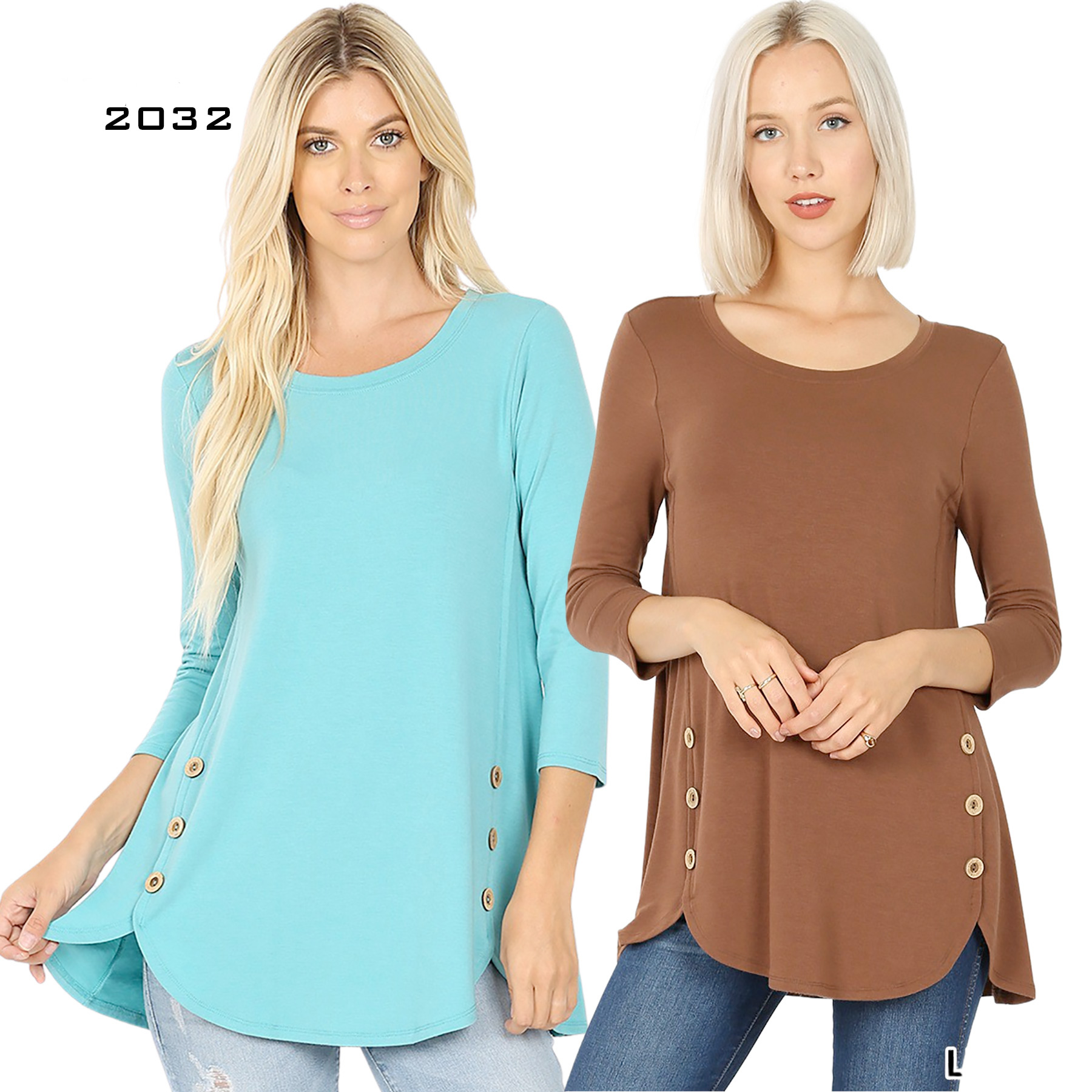 2032 - 3/4 Sleeve Side Wood Button Tops