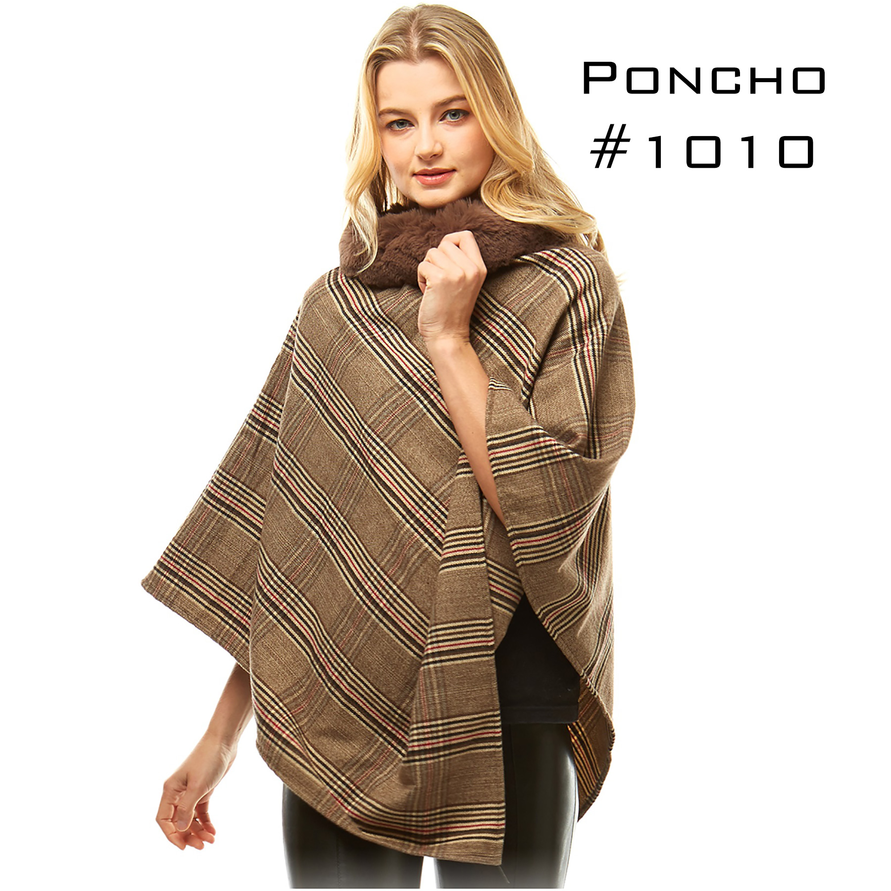 1010 - Plaid Poncho with Fur Collar