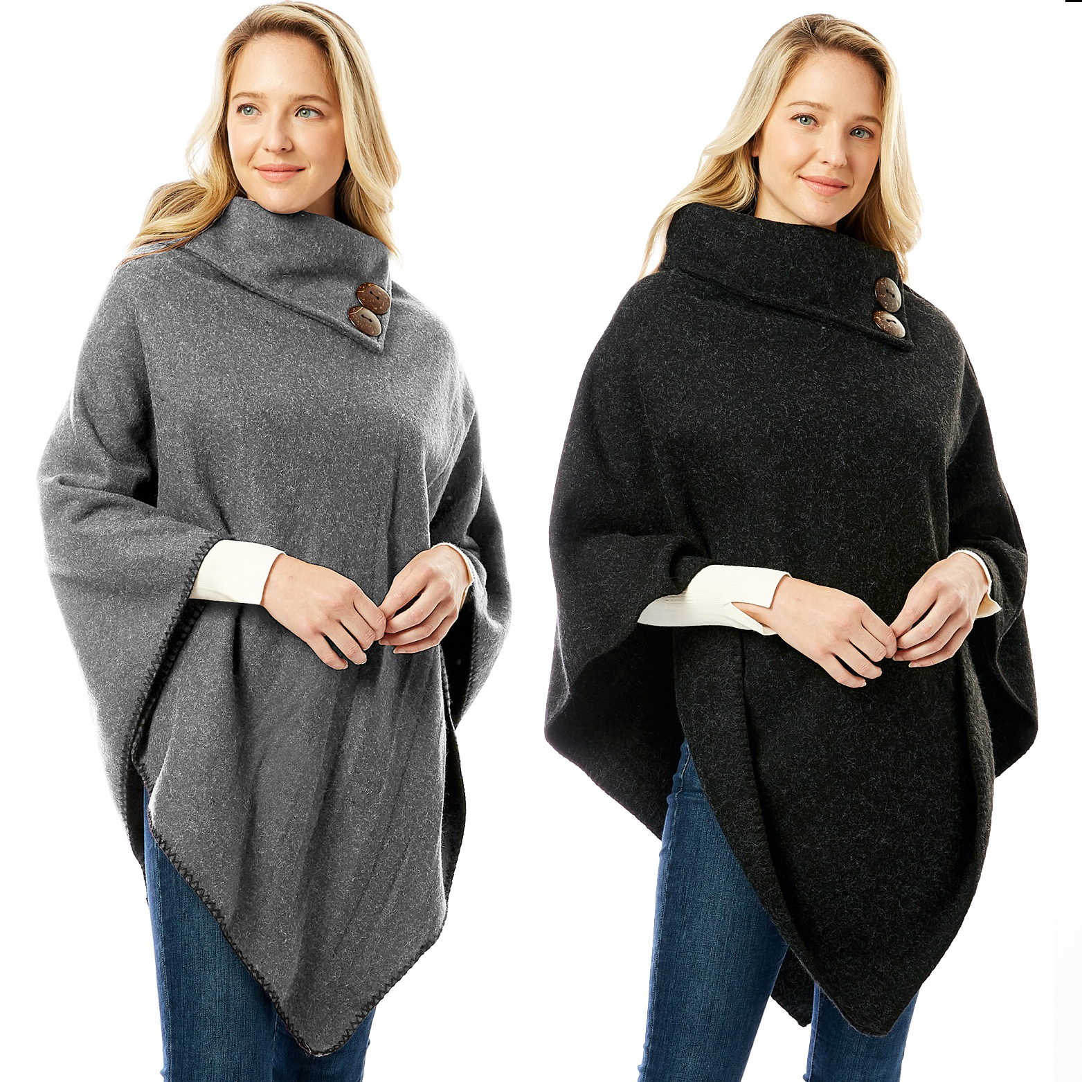 1295 - Wool Feel Poncho w/ Button Accents